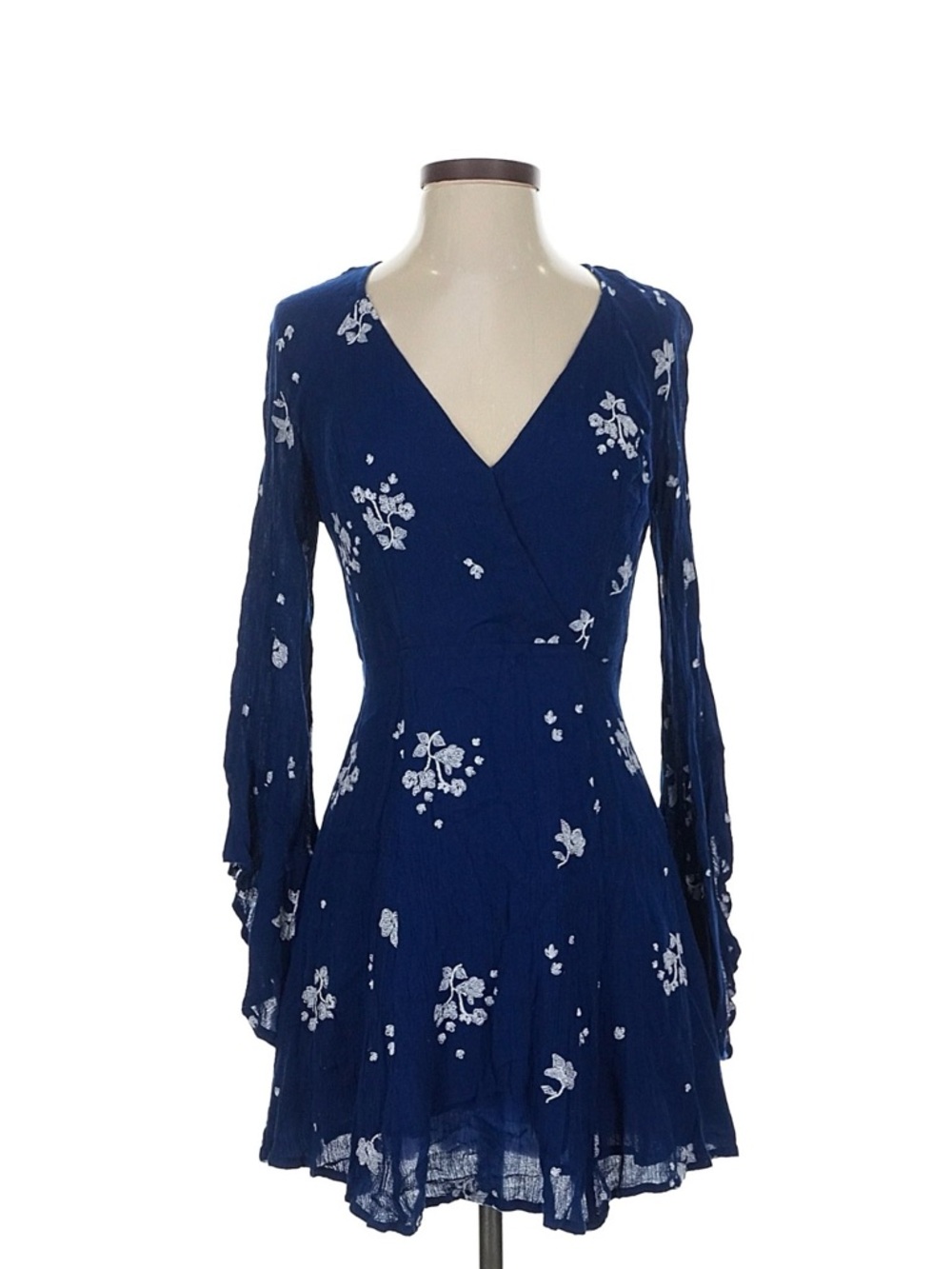 Free People Navy Blue Floral V-Neck Long Sleeve Dress